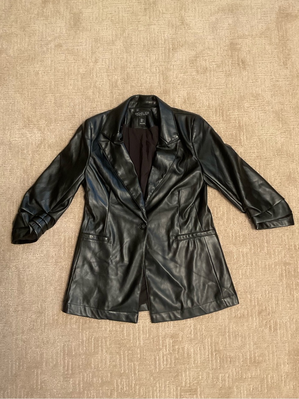 🖤💕 Rachel Zoe Black Faux Leather Jacket 3/4 Ruched Sleeve Blazer S Minimalist